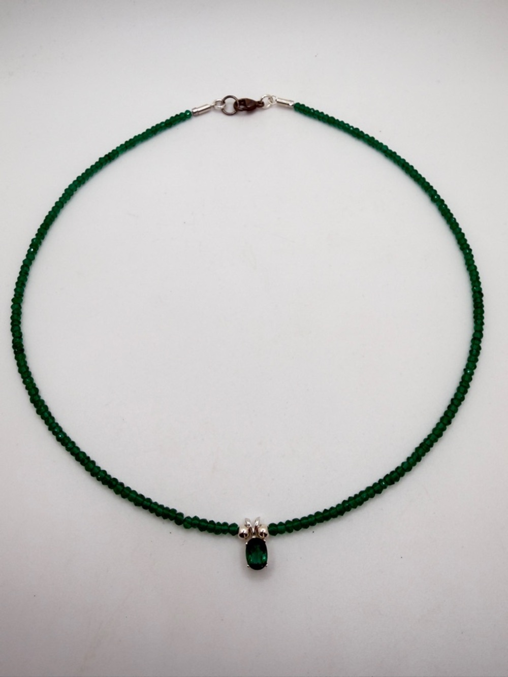 ~20" Revived! Dyed green 3mm quartz beads w/ oval cut quartz necklace in 925!